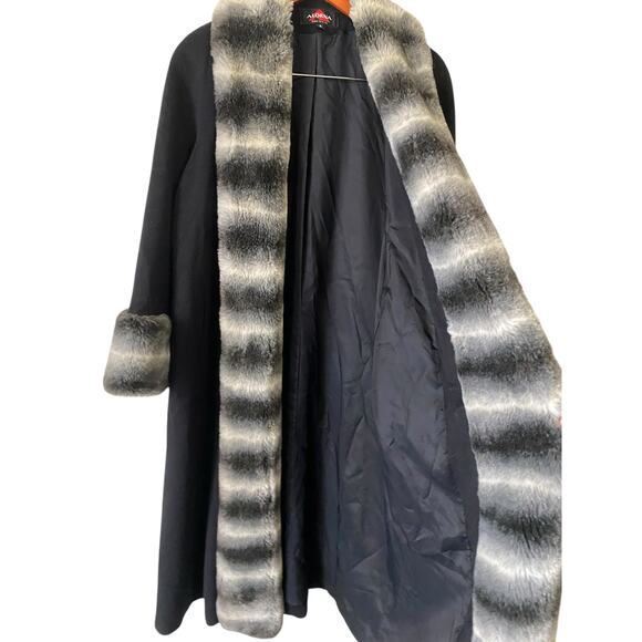 Vintage Penny Lane Long Wool Trench Coat US 6 Black Faux Fur Winter Made in USA - Picture 10 of 12